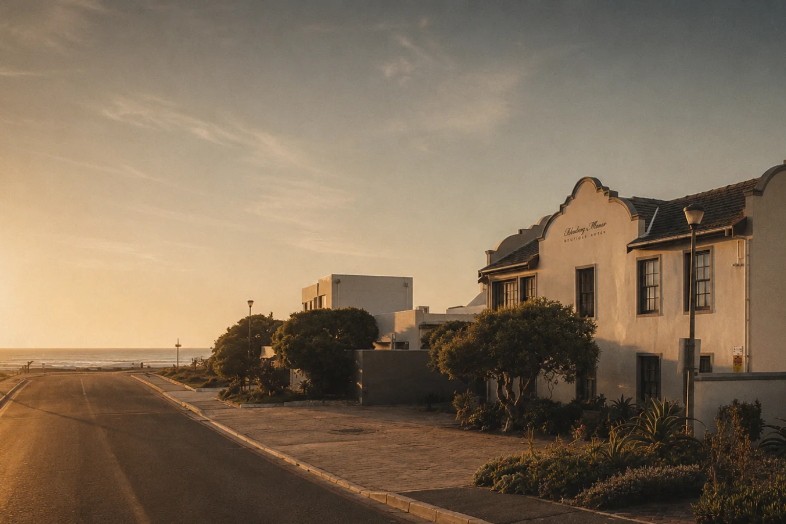 Blouberg Manor at sunset with ocean view down the street