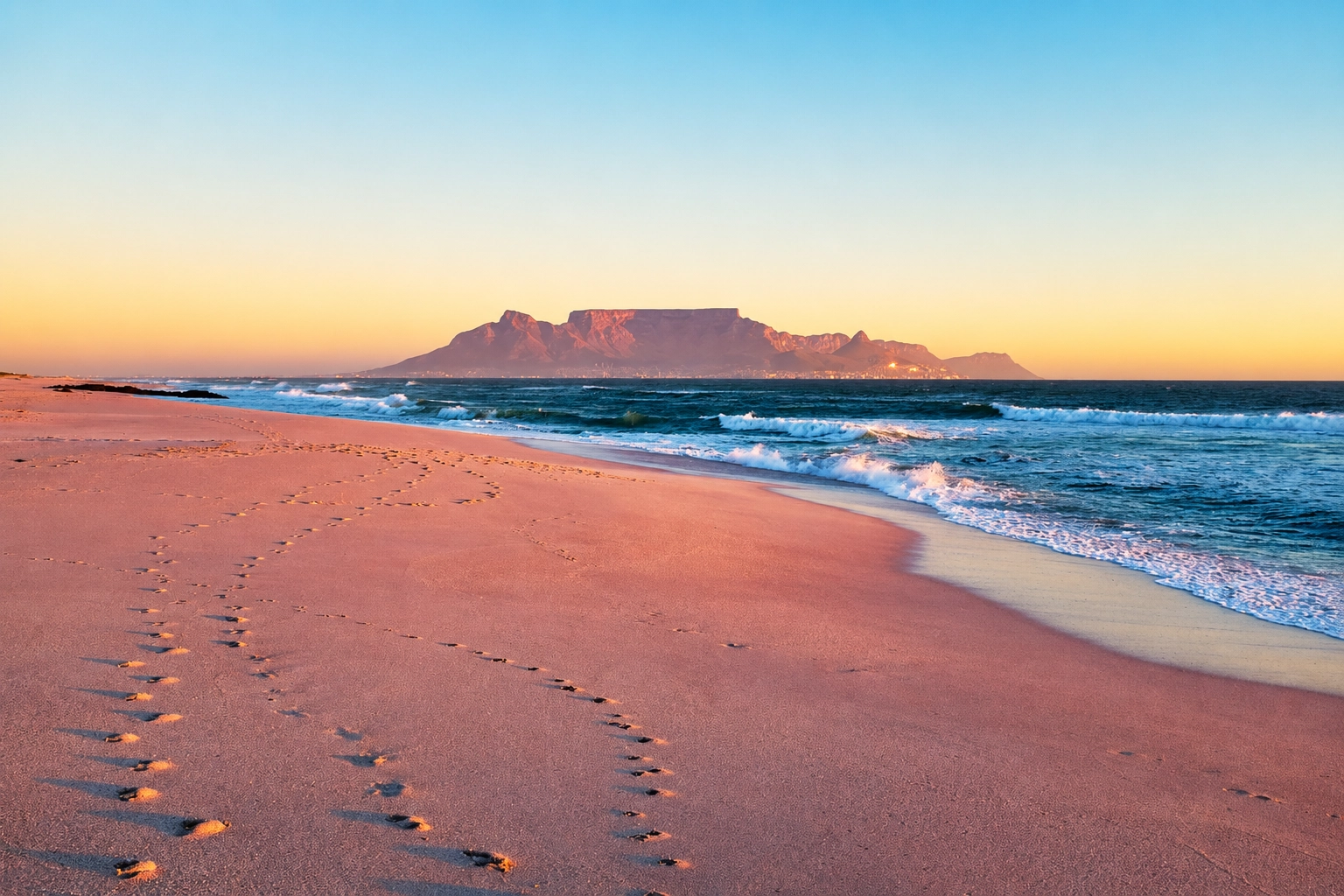 Bloubergstrand beach at golden hour with Table Mountain across the bay