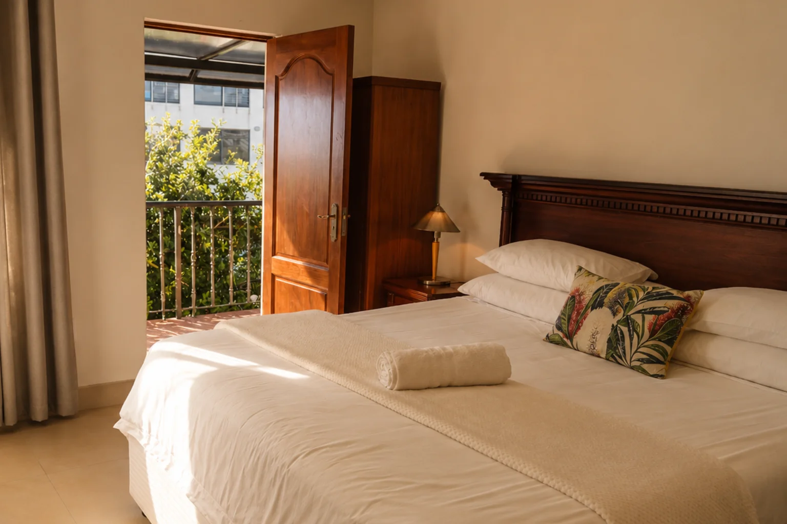 Suite interior with linen curtains and ocean view